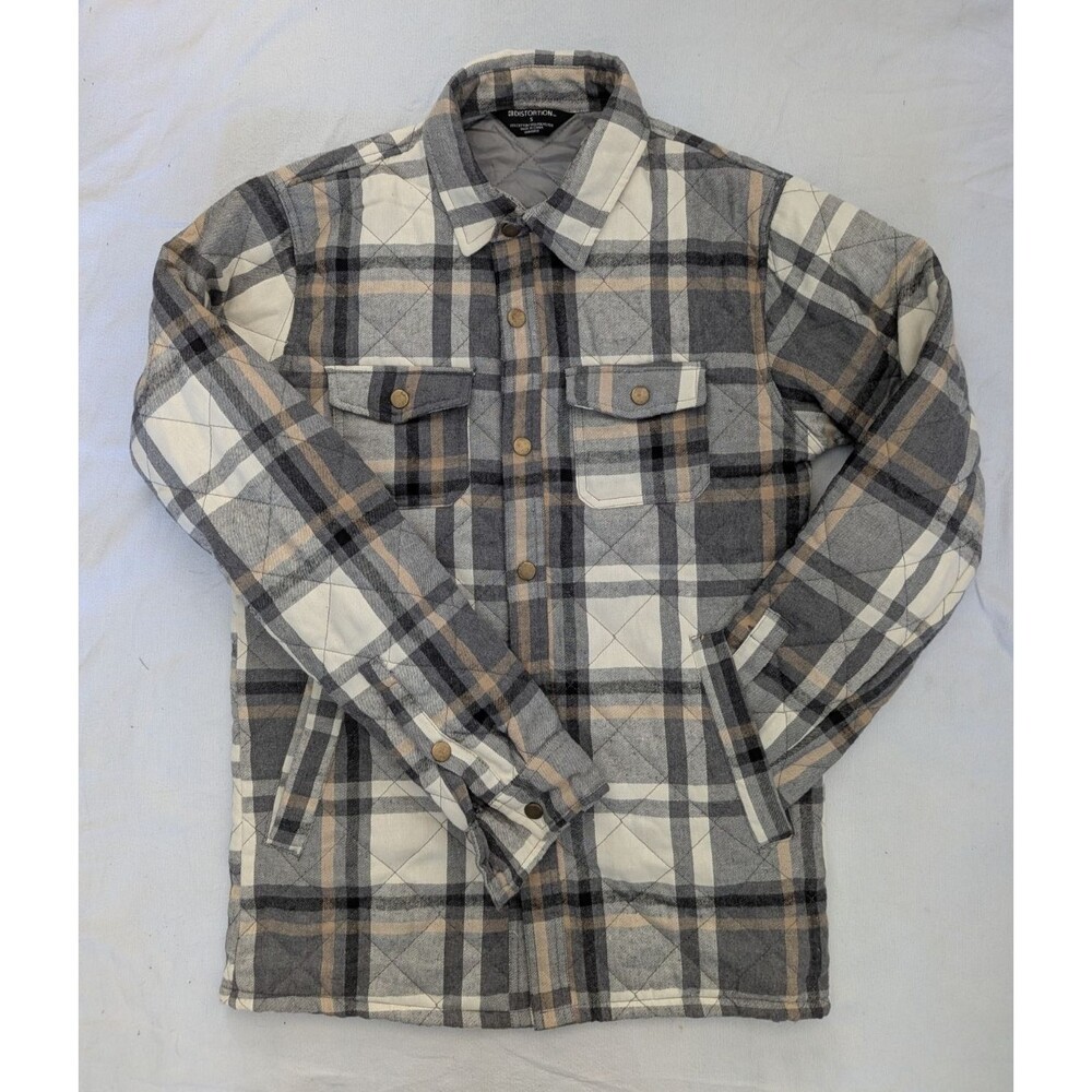 Distortion Quilted Flannel Snap Front Shirt Jacket Men's Small Plaid, Gray Black